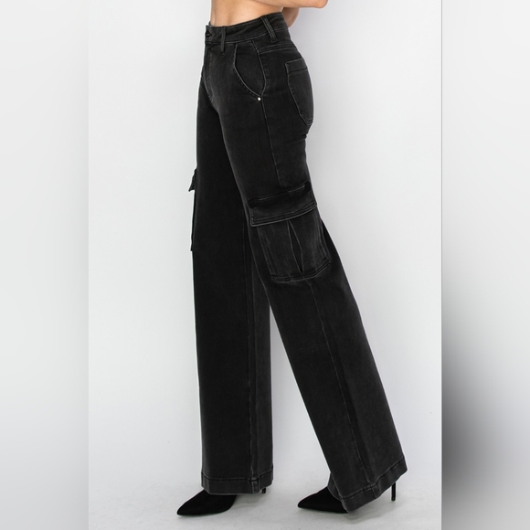 RISEN Cargo High-Rise Waist Boyfriend Denim Relaxed Wide Leg Utility Jean Pants - Picture 7 of 14